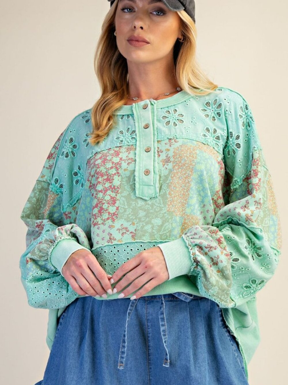 NWT Easel Atlantis Green Mixed Print Button Front Washed Top